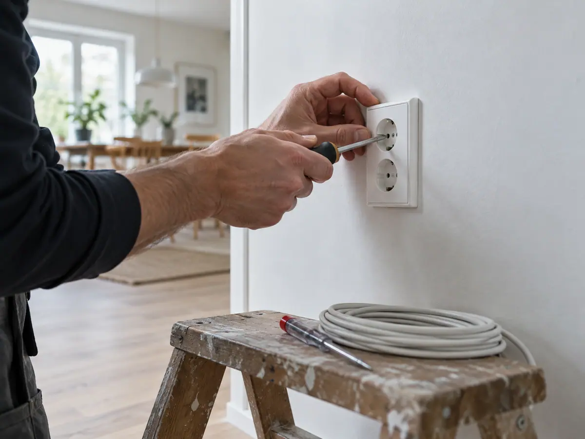 Elektriker monterer en ny hvid stikkontakt på en nymalet væg