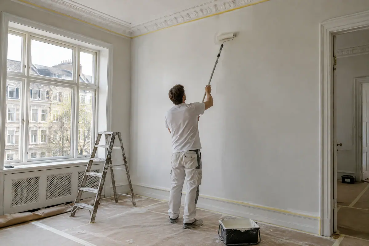 Maler ruller hvid maling på væggen i en lys københavnsk lejlighed under renovering