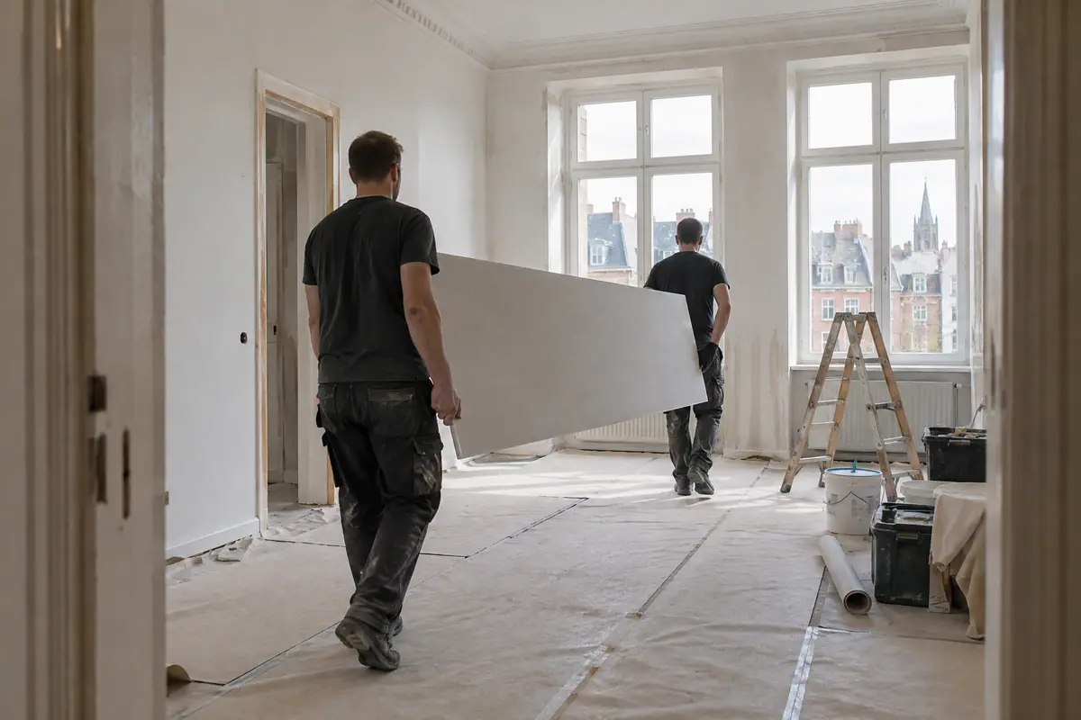 To håndværkere bærer en gipsplade gennem en lys lejlighed under renovering i København