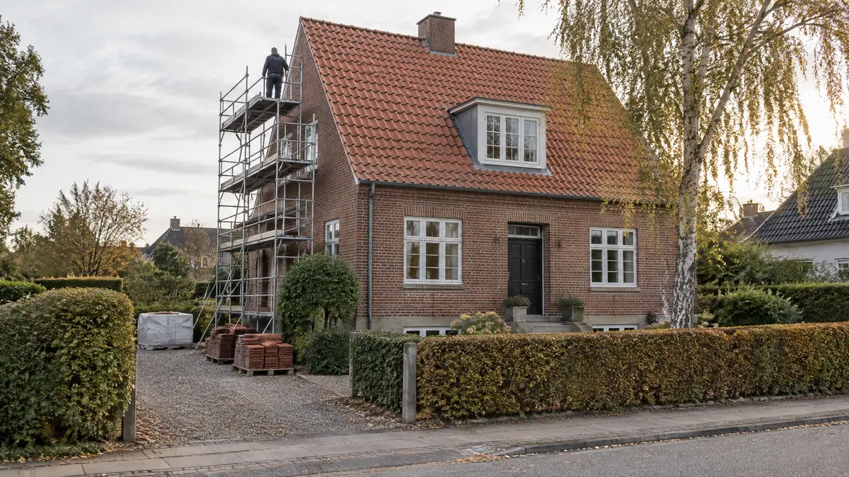 Klassisk dansk murermestervilla med rødt tegltag under renovering, med stillads ved gavlen